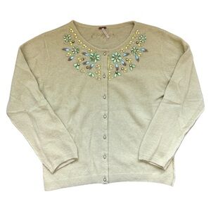 FREE PEOPLE Cardigan Sweater size L Pale Green Wool Blend Jewel Bling